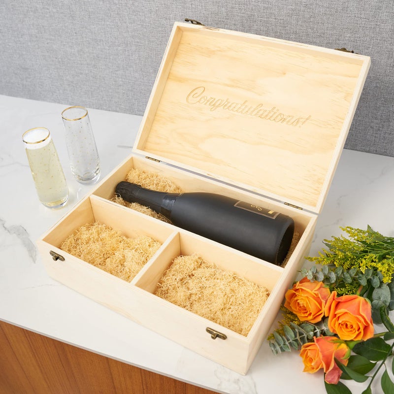 Twine Champagne Bottle Gift Box, Wine Box with Lid and 2 Stemless Flutes, Packing Straw, Holds 1 Champagne Bottle, Wood - Image 3